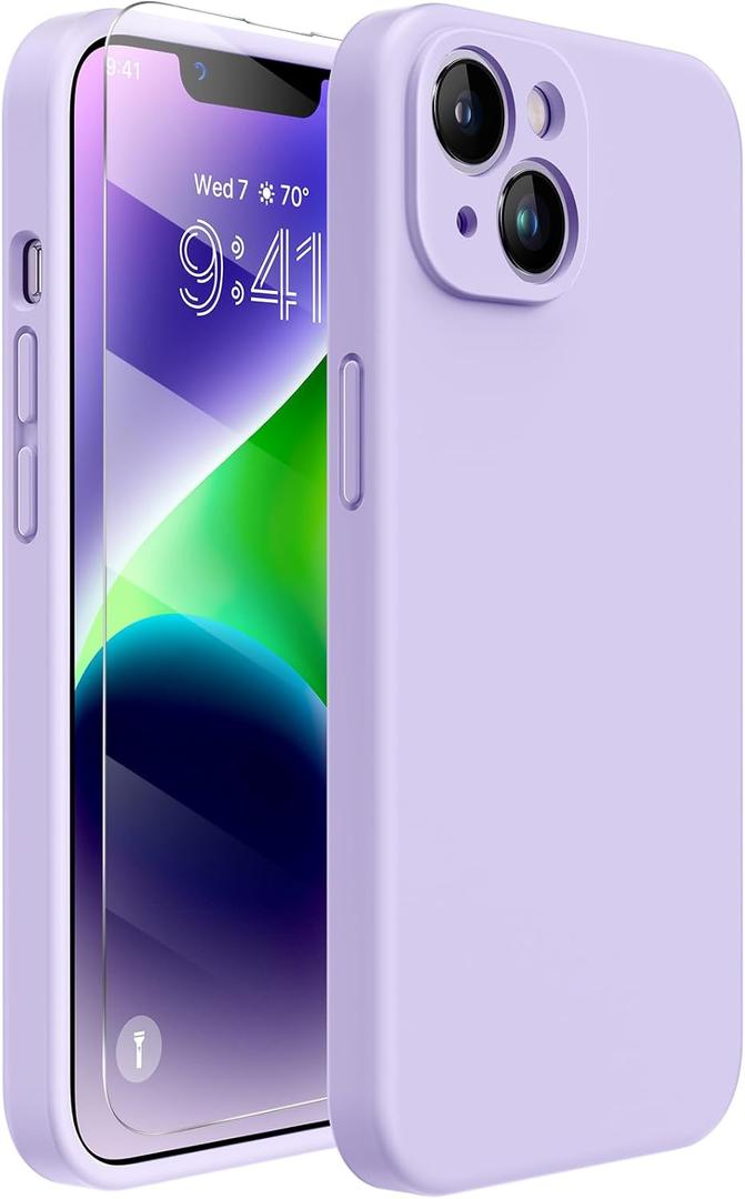 Miracase Designed for iPhone 14 Plus Case with Screen Protector,[Upgraded Enhanced Camera Protection], Shockproof Liquid Silicone Case with Microfiber Lining, 6.7 inch (Light Purple)
