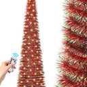 6 FT Pop Up Christmas Tree with 100 LED Timer Lights & Remote, Red Collapsible Christmas Tinsel Tree Artificial Pencil Tree Xmas Decoration for Holiday Home Office Party, USB Powered (Red - Green Edges)