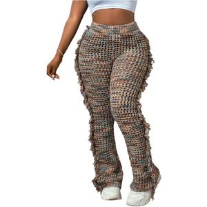 WDIRARA Women's Fringe Knit Flared Leggings High Waist Bootcut Pants, Large