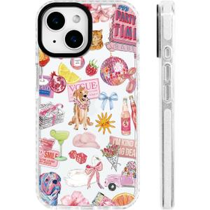 for iPhone 13 / iPhone 14 Case [Military-Grade Drop Protection/Playful Soft Slim TPU Protective/Camera Protection/Women & Girls] - Pink Y2K Collage Pattern with Disco Glam