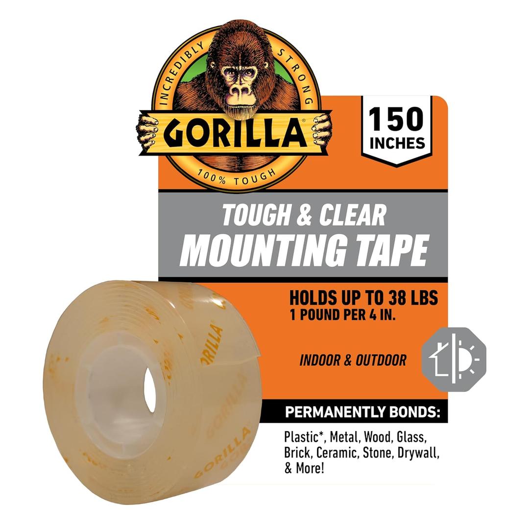 Gorilla Tough & Clear Double Sided Mounting Tape, Clear Tape, 1" x 150" (Pack of 1) - Weatherproof for Indoor or Outdoor