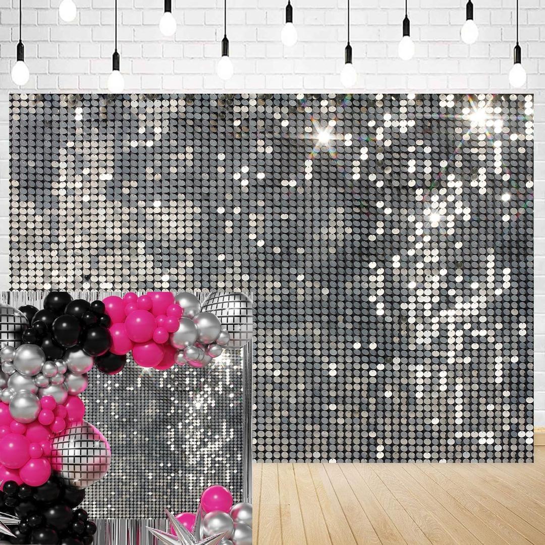 InMemory Silver Sequins Party Backdrop Glitter Stars Cake Table Decorations Banner Birthday Wedding Graduation Prom New Year Events Photography Background 82.6'' x 59''