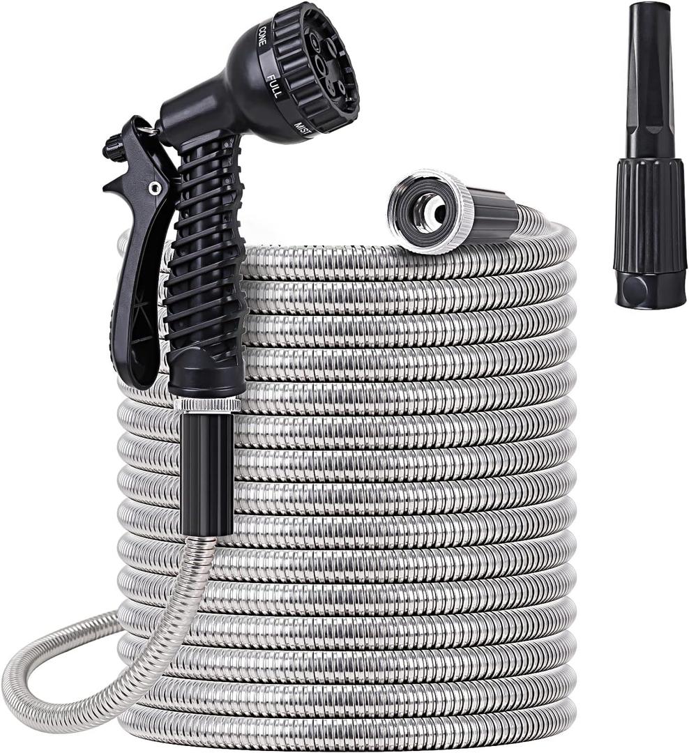 FOXEASE Metal Water Hose 100 ft - Stainless Steel Water Hose with 2 Nozzles, Lightweight, Tangle Free & Kink Free, Heavy Duty, High Pressure, Flexible, Dog Proof