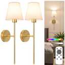 NIORSUN Battery Operated Wall Sconce Set of 2,Gold Rechargeable Wall Lights with 5200mAh Dimmable Bulbs and Remote,10 Colors Wireless Wall Lamps for Bedroom Living Room Hallway Decor