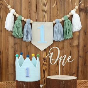 Baby 1st Birthday Party Decorations For Handmade Tassel Garland Highchair Banner With One Cake Topper Blue Crown Hat, Blue and Green Banner