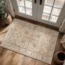 3x5 Entryway Rug, Washable Non-Slip Door Mat Boho Small Rugs for Kitchen Nursery Office Bedroom, 0.3" Vintage Neutral Oriental Throw Carpet with Cushioning Pad, Camel/Multi