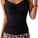 B2prity Women's Tankini Swimsuit Tummy Control Ruched Two Piece Bathing Suit Push Up Modest Swim Suits with Shorts, Black,leopard Print, Large