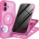 BERFY for iPhone 16 Plus Case, Compatible with MagSafe, Built-in Privacy Screen Protector and Camera Protection, Anti-Spy Full Body Shockproof Clear Phone Case for 16 Plus 6.7", Peony