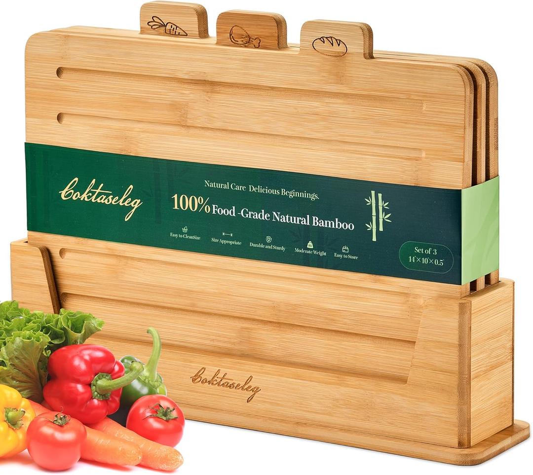 Bamboo Cutting Boards for Kitchen Set of 3, Large 14 x 10 with Holder, Wooden Cutting Board with Juice Groove & Labels for Meat Vegetables Bread