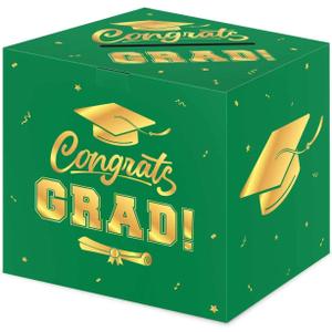 4 x Graduation Decorations 2026 Card Box, Green Gold Congrats Grad Paper Gift Crad Boxes Holder for Class of 2026 Graduation Party Decoration Supplies Table Decor Favors Props Decor, 9 x 9 x 9 inches