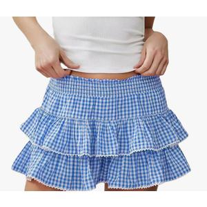Women Y2k Plaid Ruffle Mini Skirt Flowy Layered Short Skirt Gingham A Line Skirts Cute Summer Streetwear, S