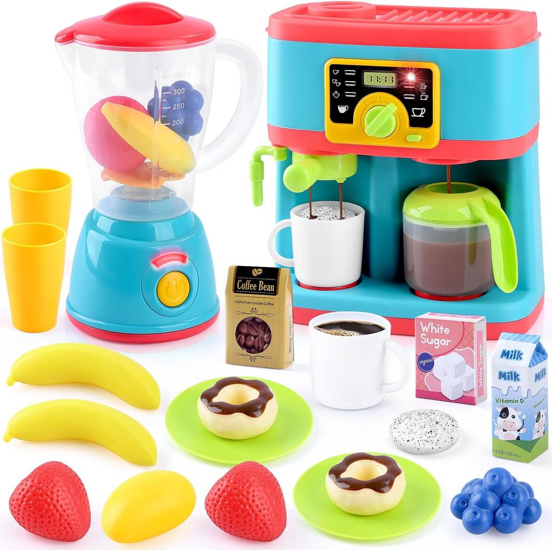 PLAY Kitchen Appliances Toys Set, Pretend Kids Kitchen Playset with Coffee Maker, Toy Blender and Play Foods, with Realistic Lights and Sounds, Play Kitchen Accessories Gift for Toddler Ages 3+
