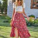 BTFBM Women 2025 Summer Fall Boho Long Skirts Dress Floral Print Elastic Waist Split Ruffle High Low Beach Maxi Skirt (Red, S)