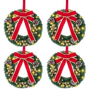 1 Pc Lighted Christmas Wreaths, 12 Inch Pre Lit Small Xmas Wreath with Large Bow, Pine Needle Wreath with LED Lights Battery Operated Xmas Ornaments for Front Door Wall Christmas Party Decor(Gold)