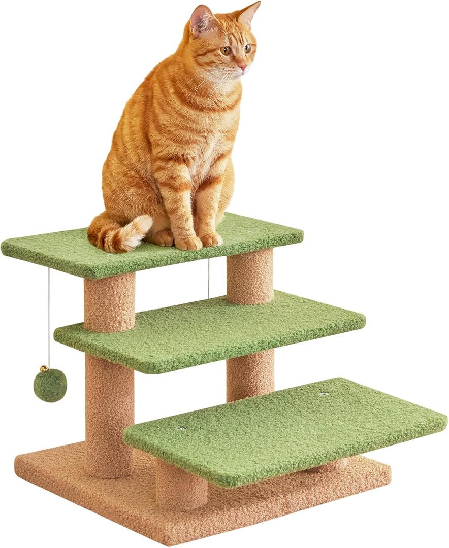 15''H Green Multi-Step Pet Stairs for High Beds & Sofas, 3-Step Cat Stairs with 2 Toy Balls, Wide Boards for Indoor Kittens Dogs Pets Climbing