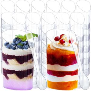 100 Pack Mini Dessert Cups with Spoons Small Plastic 3 oz Slanted Round Shooter Disposable Clear Plastic Parfait Appetizer Cup for Tasting Sample Appetizers