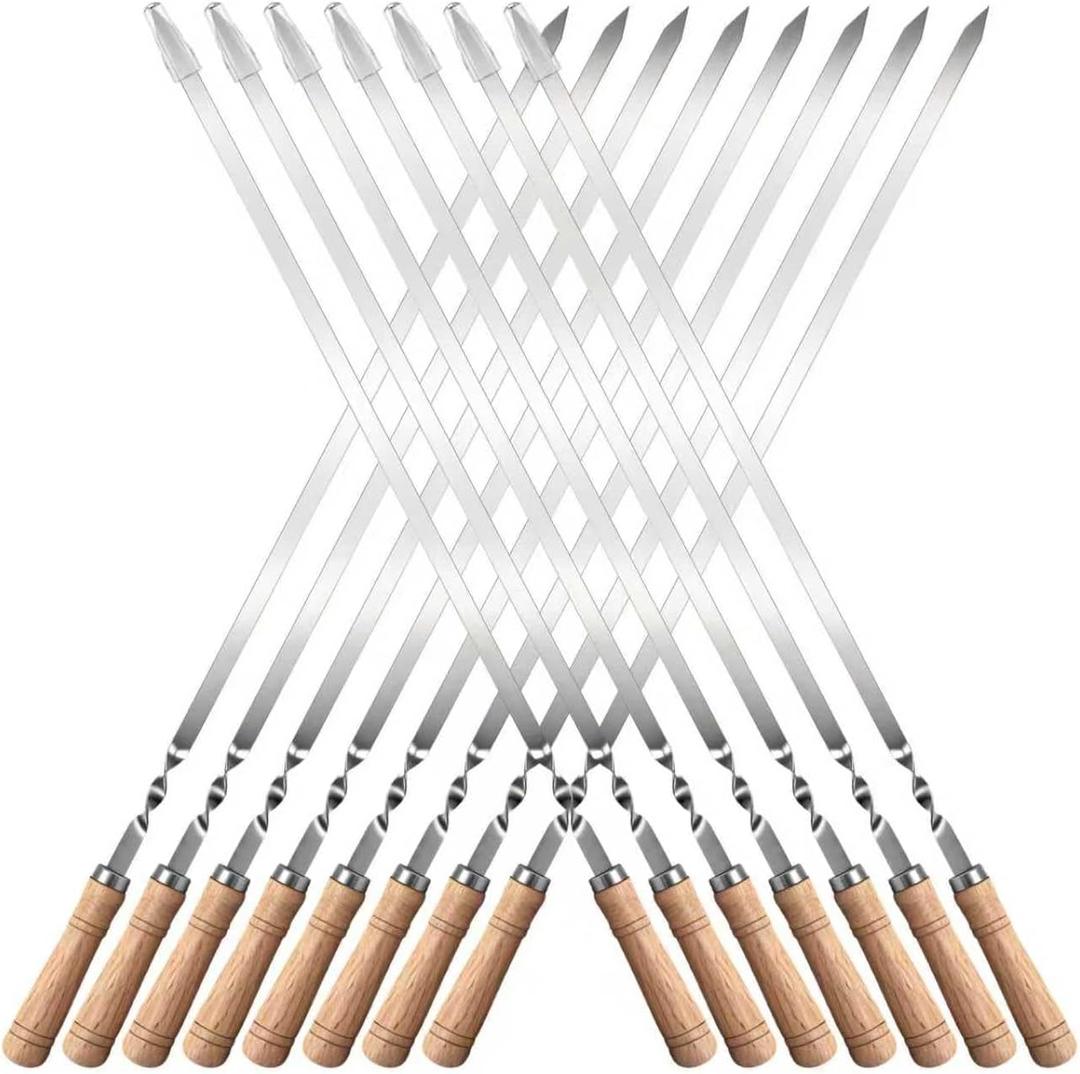 Idong 15 PCS Kabob Skewers 23.6" Large Size Flat Stainless Steel BBQ Skewers for Grilling Meat with Wood Handle, Reusable Metal Grilling Set for Koobideh Persian Shrimp Chicken Vegetable Kebab Fork