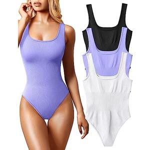 OQQ Women's 3 Piece Bodysuits Sexy Ribbed Sleeveless Square Neck Tank Tops Leotard 2025 Trendy Outfits.M