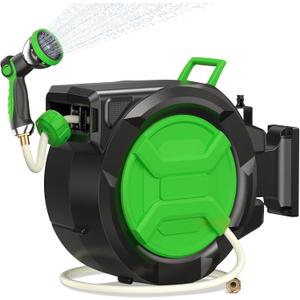 Retractable Garden Hose Reel 1/2" x 100ft, Wall Mounted Water Hose Reel with Auto Rewind, Any Length Lock, 180 Swivel Bracket & 9-Pattern Spray Nozzle, Heavy Duty Outdoor Hose Storage for Garden