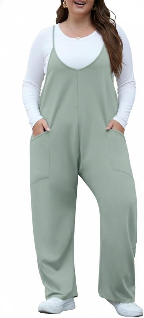 OLRIK Womens Plus Size Jumpsuit Adjustable Strap Stretchy Overalls Loose Fit Romper Fall Outfits with Pockets (4X, Mint Green) OLRIK Womens Plus Size Jumpsuit Adjustable Strap Stretchy Overalls Loose Fit Romper Fall Outfits with Pockets (4X, Mint Green)