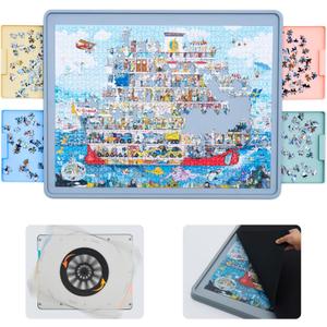 WELGEE 1500 Piece Rotating Puzzle Board with Drawers & Cover, 35"x27" Spinning Jigsaw Puzzle Table for Adults, Upgraded Lazy Susan, Lightweight ABS Plastic, Perfect for Puzzle Lovers & Moms (Gray - Multi-color Drawers)
