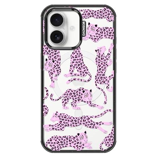 MOSNOVO Magnetic Case for iPhone 16 Plus, 10ft Military-Grade Protection, Compatible with Magsafe, Shockproof Phone Case for iPhone 16 Plus - Pink Leopard - Clear Black