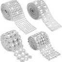 WILLBOND 8 Yards 4 Rolls Bling Crystal Rhinestone Ribbon Silver Bling Rhinestone Diamond Flower Shape Mesh Ribbon Lace Decor for Cake Crafts DIY Wedding Birthday Party Decorations Phone Car Supplies