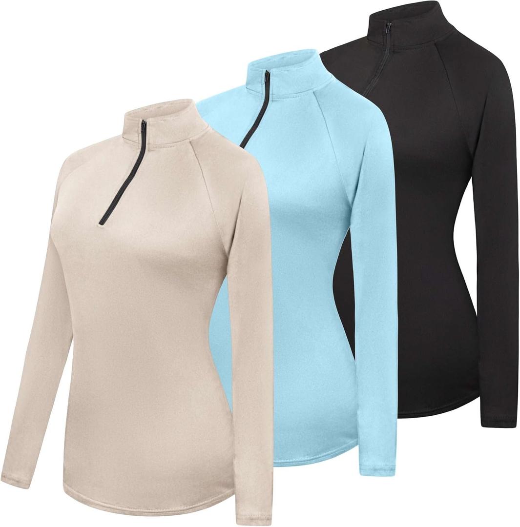 Real Essentials 3 Pack: Women's Dry-Fit Long Sleeve Quarter Zip & Full Zip Up Hoodie Workout Jacket, (Small, Quarter Zip Set 10)