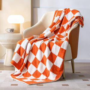 SeaRoomy CheckeredThrow Blanket, Soft Fluffy Microfiber Knit Throw Blanket for Couch Bed, Warm Cozy Reversible Checkerboard Knitted Blanket Room Decor(Burnt Orange, 60"79")