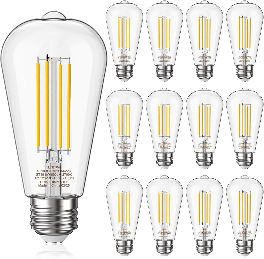 Edison Light Bulbs 8W, 80W Equivalent Dimmable Vintage LED Light Bulbs, 800LM E26 Medium Base Soft White 2700K LED Bulb, ST19 90+ CRI LED Bulb, Clear Glass,12 Pack