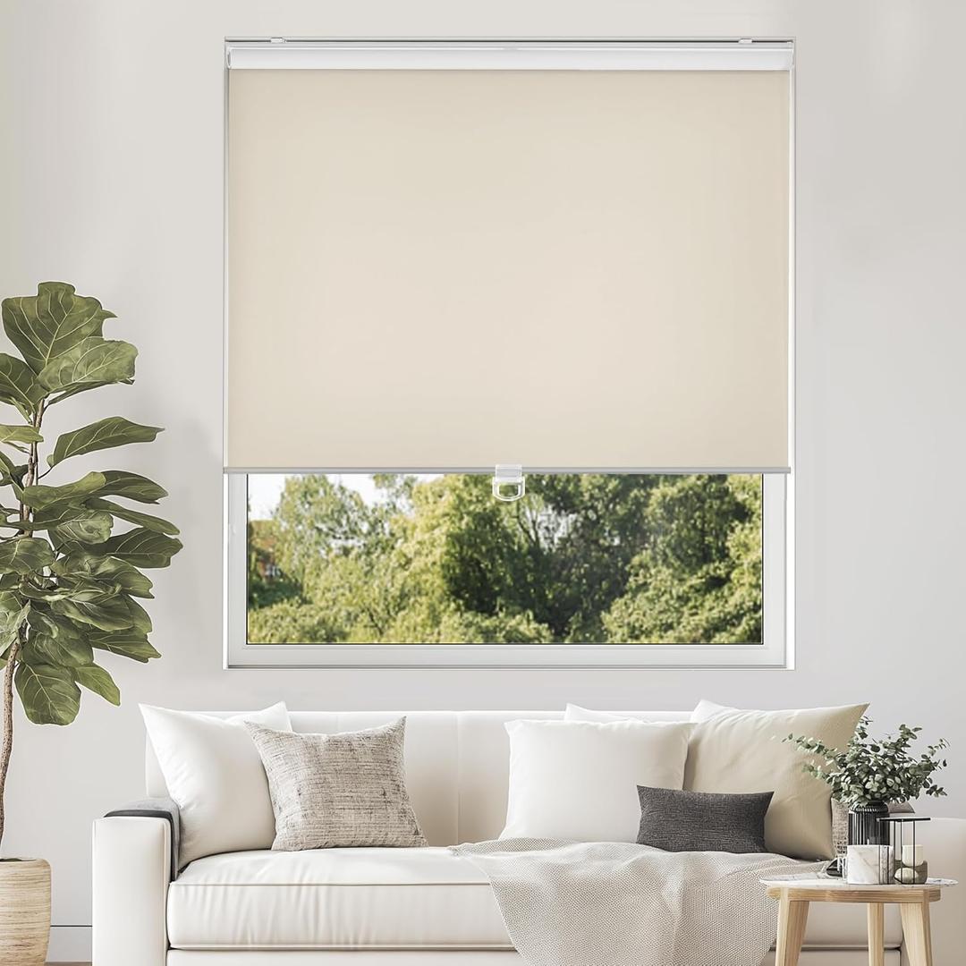 ChrisDowa Cordless Free-Stop 100% Blackout Blinds for Windows, Roller Windows Shades with Thermal Insulated, UV Protection Fabric for Living Room, Office and Home.Beige,32" W X 72" H