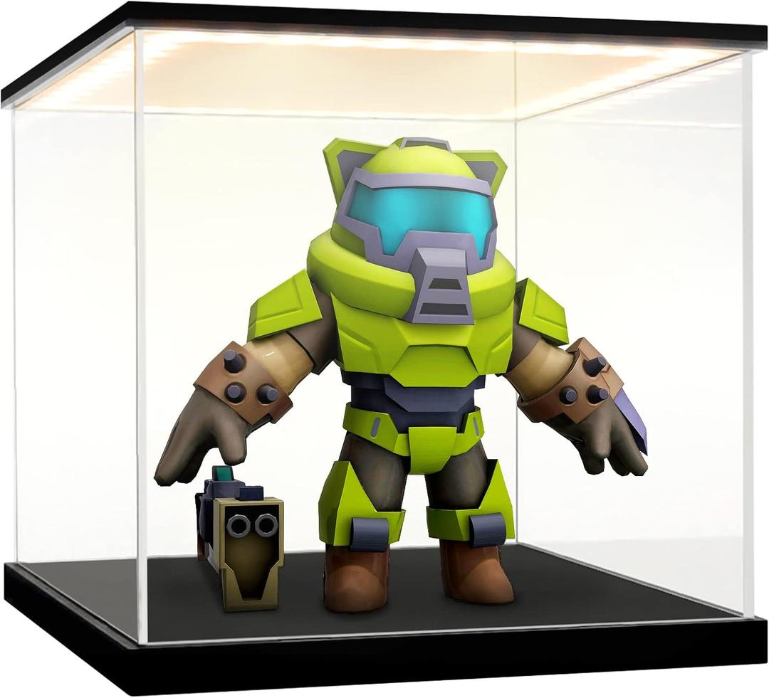 LASOA Acrylic Display Case for Collectibles with LED Light, Alternative Glass Display Box with Black Base and Lid, Self-Assembly Clear Storage Showcase for Figurine Memorabilia (4x4x4inch;10x10x10cm)