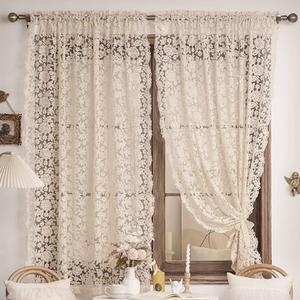 Elegant Floral Lace Sheer Curtains for Bedroom Romantic Flower Embroidered Voile Curtain for Kitchen Vintage Privacy Lace Sheer Tulle Curtains for Living Room Rod Pocket, 2 Panels (Beige,W51 L63 inch)
