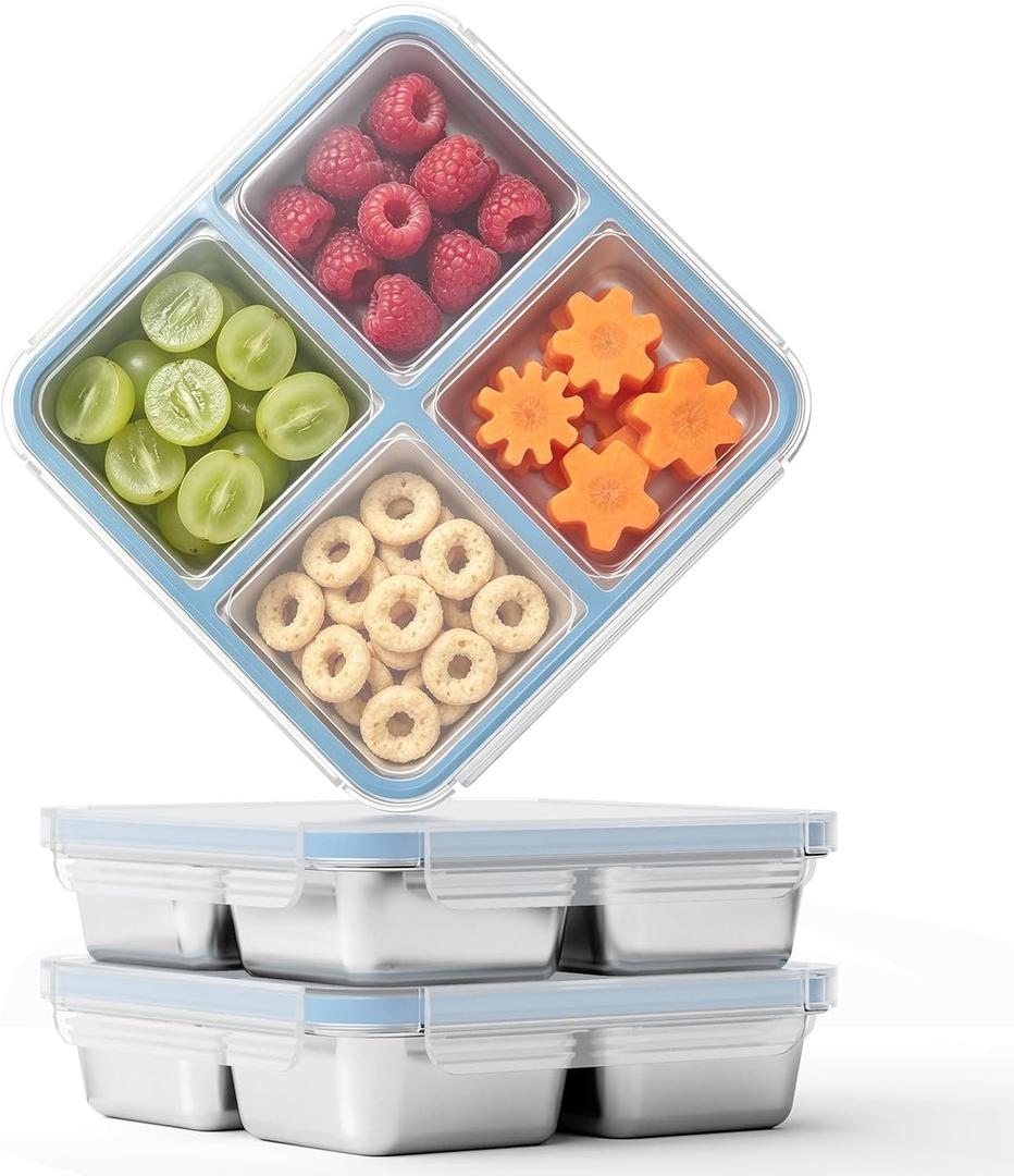 Bakpoco 3 Pack Stainless Steel Snack Containers, 4 Compartment Metal Snack Containers with Lid, Compact Food Storage Box Containers For Lunch & Snacks