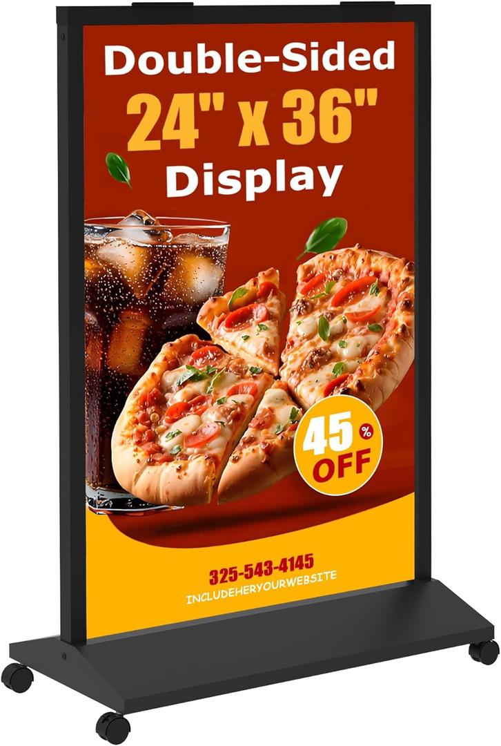 Sidewalk Sign Heavy Duty - 24x36 Inch Double-Sided Poster Stand with 360 Rotating Wheels, Rolling Metal Sandwich Board Floor Standing Sign Holder for Event Businesses Outdoor, Frame Only