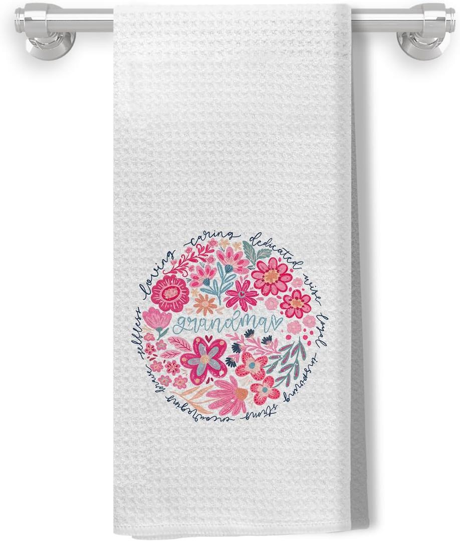 Floral Grandma Kitchen Towels, Best Grandma Gifts for Mother's Day Decorative Dish Tea Towels for Kitchen, Grandmother Gifts from Grandkids Hand Towels for Bathroom, 16x24 Inch
