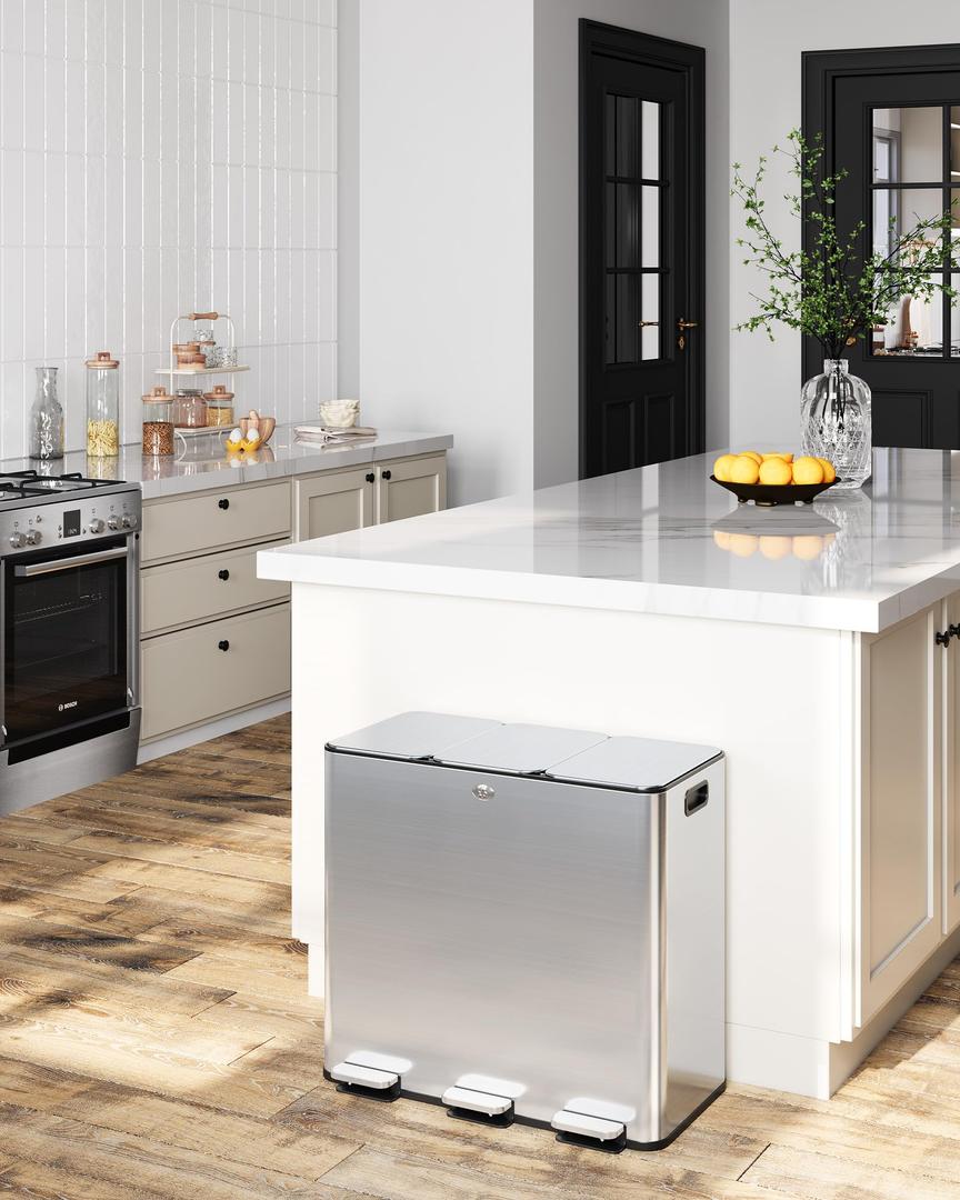 MOVECOM Kitchen Trash Can, 3 x 5.8 gal (3 x 20 l) Garbage Can with Lid,Stainless Steel Trash Bin with Removable Inner Buckets, Soft-Close Foot Pedal, Fingerprint-Resistant for Kitchen Home Office