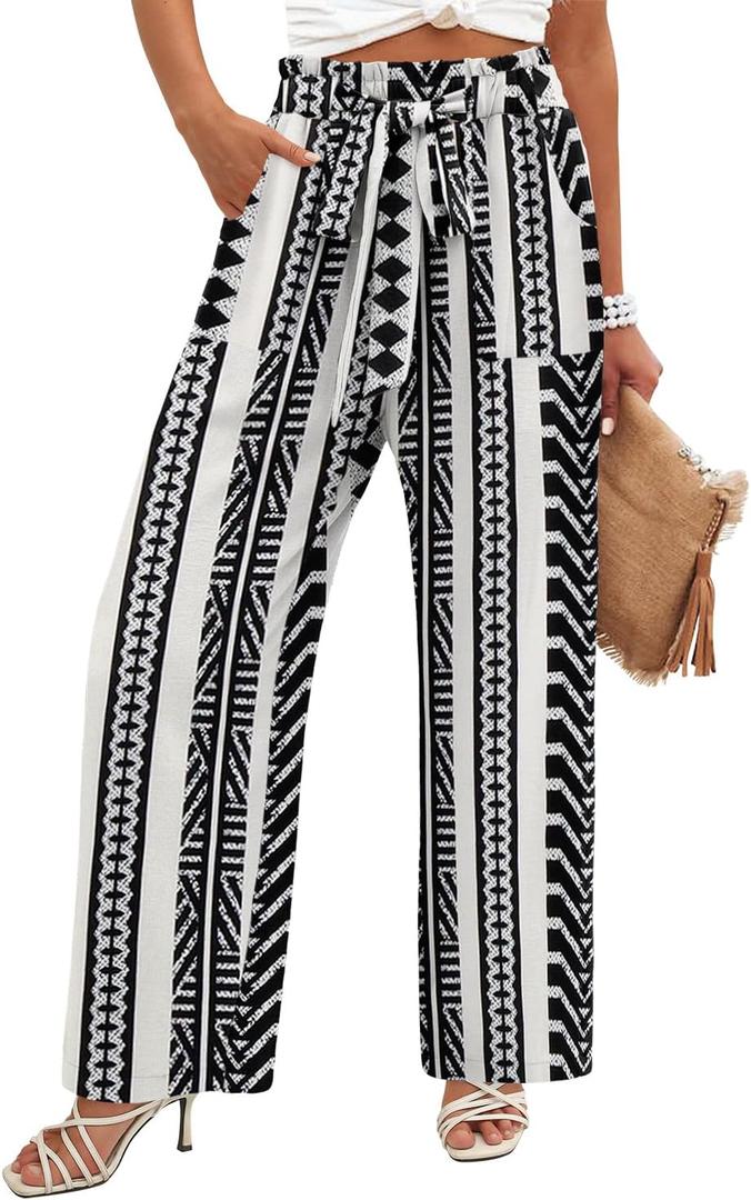 Angerella Womens Wide Leg Pants High Elastic Waist Adjustable Knot Casual Flowy Trousers Business Work Pants with Pockets (Black, L)