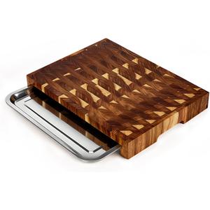 End Grain Cutting Board with Pull Out Tray,Sturdy Acacia wood cutting board for Kitchen,Wood Butcher Block for Vegetables,Cheese,Chopping,Slicing,and Dicing