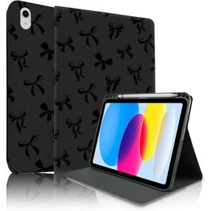 TopPerfekt Case for iPad 11th (A16) 11-inch 2025 10th Generation 10.9-inch 2022, Black Bow Cute Chic Adorable with Pencil Holder for Kids, Boys, Girls, Anti-Slip, Anti-Shock, Black Bow