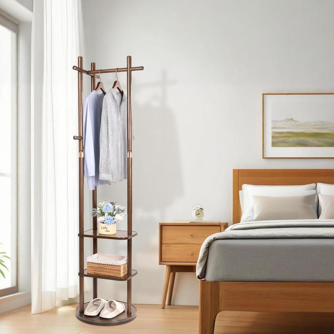 Wood Coat Rack Freestanding Rotary Coat tree with 3 Shelves and 5 Hooks
