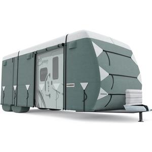 KING BIRD Upgraded Travel Trailer RV Cover, Heavy Duty 5 Layers Anti-UV Top Panel, Durable Camper Cover, Fits 24'- 27' Motorhome -Breathable, Watertight, Rip-Stop (24-27 FT - 324"L*105"W*108"H, Travel Trailer Cover(White&Gray))