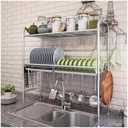 Dish Racks Over Sink Drainer Rack Kitchen Drying 2 Tier, Space Save Shelf with Cutlery Holders, Hooks, Drainboard(25''x11''x32'')