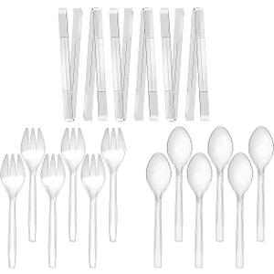 Plastic Serving Utensils, 9" Clear Disposable Utensils 18 Pack, 6 Serving Tongs, Spoons, Forks