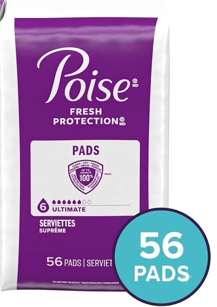 Poise Incontinence & Postpartum Pads for Bladder Leaks, 6 Drop Ultimate Absorbency, Regular Length, 56 Count