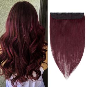 Benehair Burgundy One Piece Clip in Hair Extensions - Human Hair, Wine Red, 12inch, 3/4 Full Head, Remy, Long Straight, Natural Soft, 5 Clips