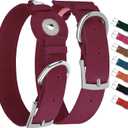 Leather Dog Collar with Airtag Holder - Apple Air Tag Dog Collars - Soft Tracking GPS Pet Collar for Dogs Breed Puppy (Burgundy, L, 15"-19" Neck Fit)