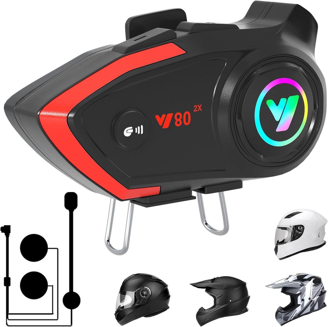 Motorcycle Helmet Bluetooth Headset, 800 Meters Intercom CVC Noise Reduction IPX67 Waterproof Wireless Communication System for Motorcycle Riding/Snowmobile/Cycling, Compatible with All Helmet