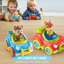 lalalark JOVA 2 Pack Remote Control Car for Toddlers, RC Cars with Cartoon Figure, Kids Toy Bumper Cars with LED Lights and Sounds, Light Up Car with Music, Christmas Birthday Gift for Boys Girls