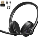 Wireless Headset with Mic for Work, Headset Wireless Bluetooth V5.3 with AI Noise Cancelling Microphone with USB Dongle & Mic Mute for Computer PC Laptop Remote Work Home Office (Black)